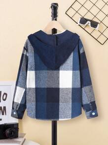 Tween Boy Simple Blue And White Plaid Hoodie Jacket, Autumn