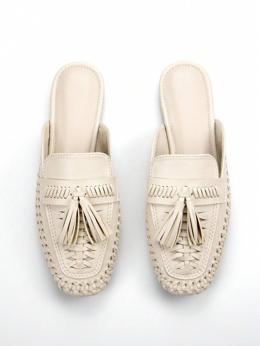 Mocasines cómodos de mujer con Top tejida a mano de material de microfibra arrugado beige, punta cuadrada, estilo slip-on, para uso diario, ocio y vacaciones