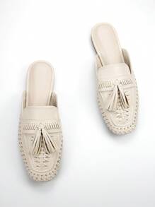 Mocasines cómodos de mujer con Top tejida a mano de material de microfibra arrugado beige, punta cuadrada, estilo slip-on, para uso diario, ocio y vacaciones