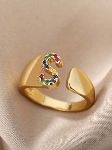 1 Pc Fashion Colorful Zirconia A-Z Letter Ring For Women Gold Color Stainless Steel Geometric Open Initial Ring Wedding Engagement Jewelry Party Gift