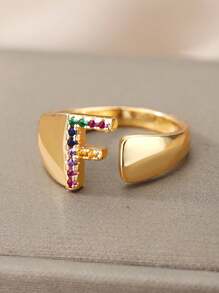 1 Pc Fashion Colorful Zirconia A-Z Letter Ring For Women Gold Color Stainless Steel Geometric Open Initial Ring Wedding Engagement Jewelry Party Gift