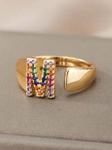 1 Pc Fashion Colorful Zirconia A-Z Letter Ring For Women Gold Color Stainless Steel Geometric Open Initial Ring Wedding Engagement Jewelry Party Gift