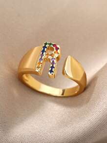 1 Pc Fashion Colorful Zirconia A-Z Letter Ring For Women Gold Color Stainless Steel Geometric Open Initial Ring Wedding Engagement Jewelry Party Gift