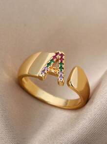 1 Pc Fashion Colorful Zirconia A-Z Letter Ring For Women Gold Color Stainless Steel Geometric Open Initial Ring Wedding Engagement Jewelry Party Gift