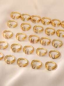 1 Pc Fashion Colorful Zirconia A-Z Letter Ring For Women Gold Color Stainless Steel Geometric Open Initial Ring Wedding Engagement Jewelry Party Gift