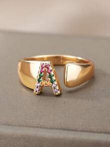 1 Pc Fashion Colorful Zirconia A-Z Letter Ring For Women Gold Color Stainless Steel Geometric Open Initial Ring Wedding Engagement Jewelry Party Gift
