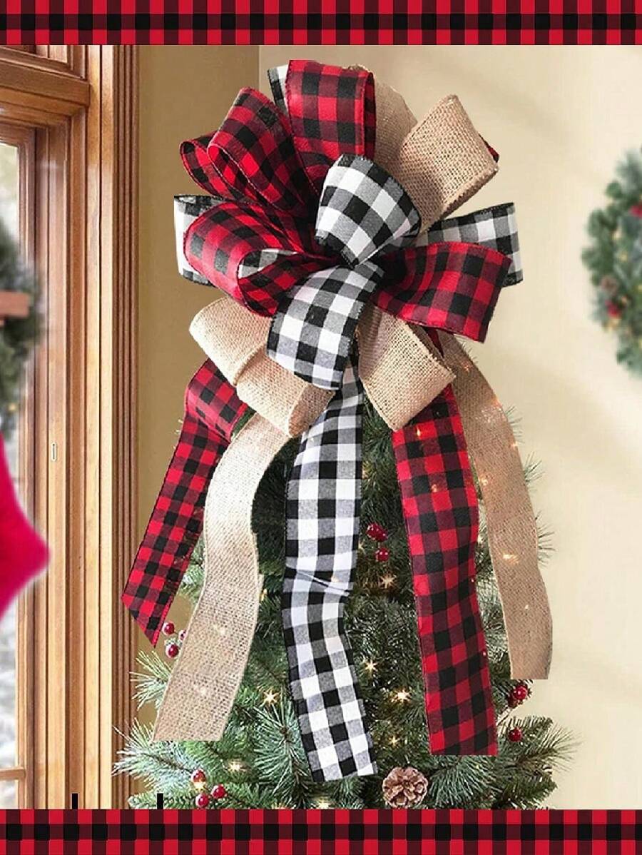 1pc Christmas Tree Decor - Plaid Red Black Burlap Decorative Bow - Rustic Farmhouse Christmas Decoration - Handmade, Christmas Tree Bow Topper, Party Decor Bow,Christmas - Multicolor - View 1