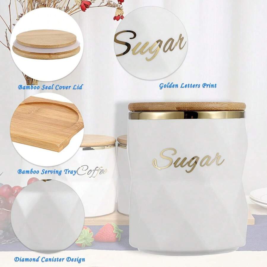 White Ceramic Sugar Coffee Tea Canisters With Lid And Tray Airtight