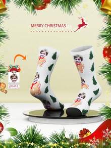 1 双定制面部设计中筒袜，适合男孩和女孩，个性化印花青少年中筒袜，设计有趣，适合日常穿着、节日、生日礼物以及更多返校冬季礼物创意男孩女孩情人节 - 彩色 - 查看 1