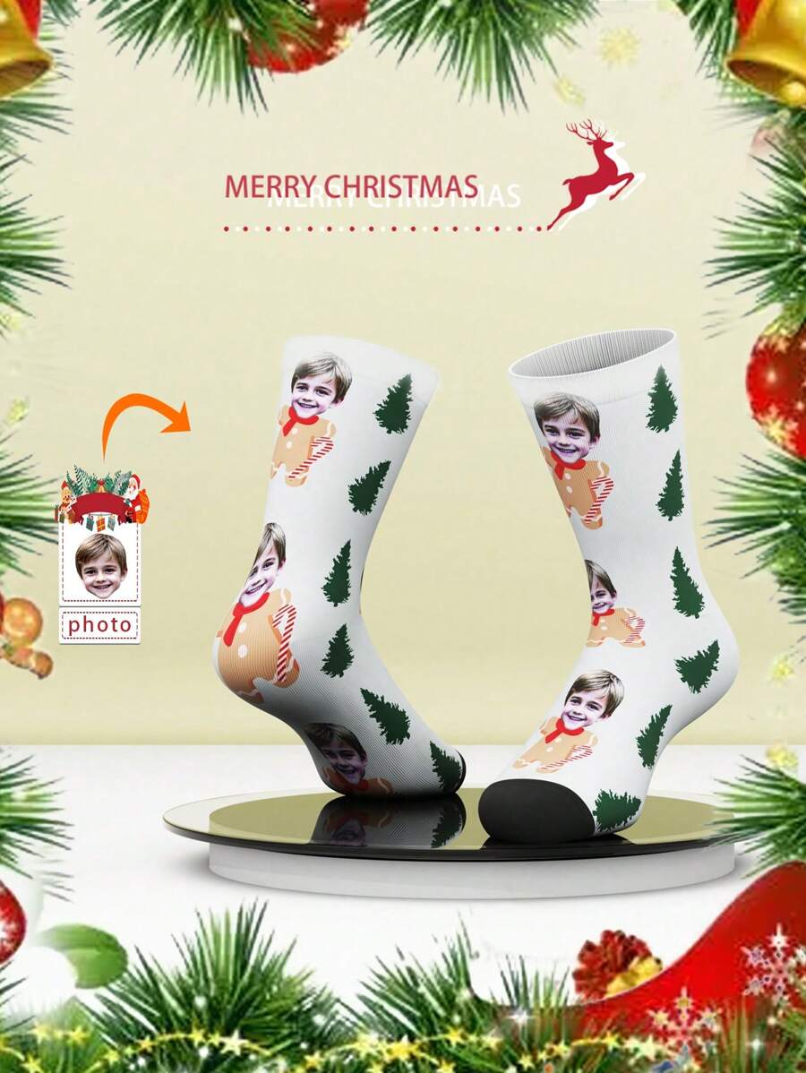 1 双定制面部设计中筒袜，适合男孩和女孩，个性化印花青少年中筒袜，设计有趣，适合日常穿着、节日、生日礼物以及更多返校冬季礼物创意男孩女孩情人节 - 彩色 - 查看 1