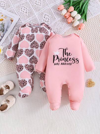 2pcs Baby Girls Heart & Letter Print Long Sleeve Bodysuit Set, Suitable For All Seasons