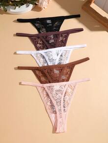 5 chiếc/bộ quần lót ren hoa gợi cảm cạp trễ cho nữ, đồ lót - Nhiều màu - Xem 2
