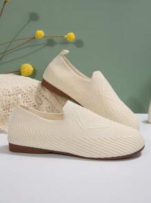 Women's Fashion New Solid Color Slip-On Soft Flat Elastic Knitted Casual Flat Loafers, Comfortable Breathable Everyday Mother Shoes, Walking Ladies Flats