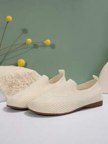 Women's Fashion New Solid Color Slip-On Soft Flat Elastic Knitted Casual Flat Loafers, Comfortable Breathable Everyday Mother Shoes, Walking Ladies Flats