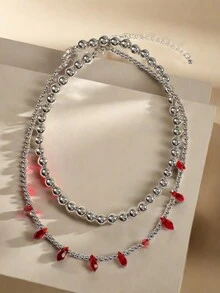 一对复古夸张奢华红色水滴锁骨链，女士仿水晶吊坠项链，耳环套装，优雅，新娘晚宴，圣诞派对首饰 - 酒紅色簡約商品鏈 - 查看 4