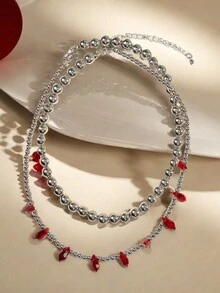 一对复古夸张奢华红色水滴锁骨链，女士仿水晶吊坠项链，耳环套装，优雅，新娘晚宴，圣诞派对首饰 - 酒紅色簡約商品鏈 - 查看 3