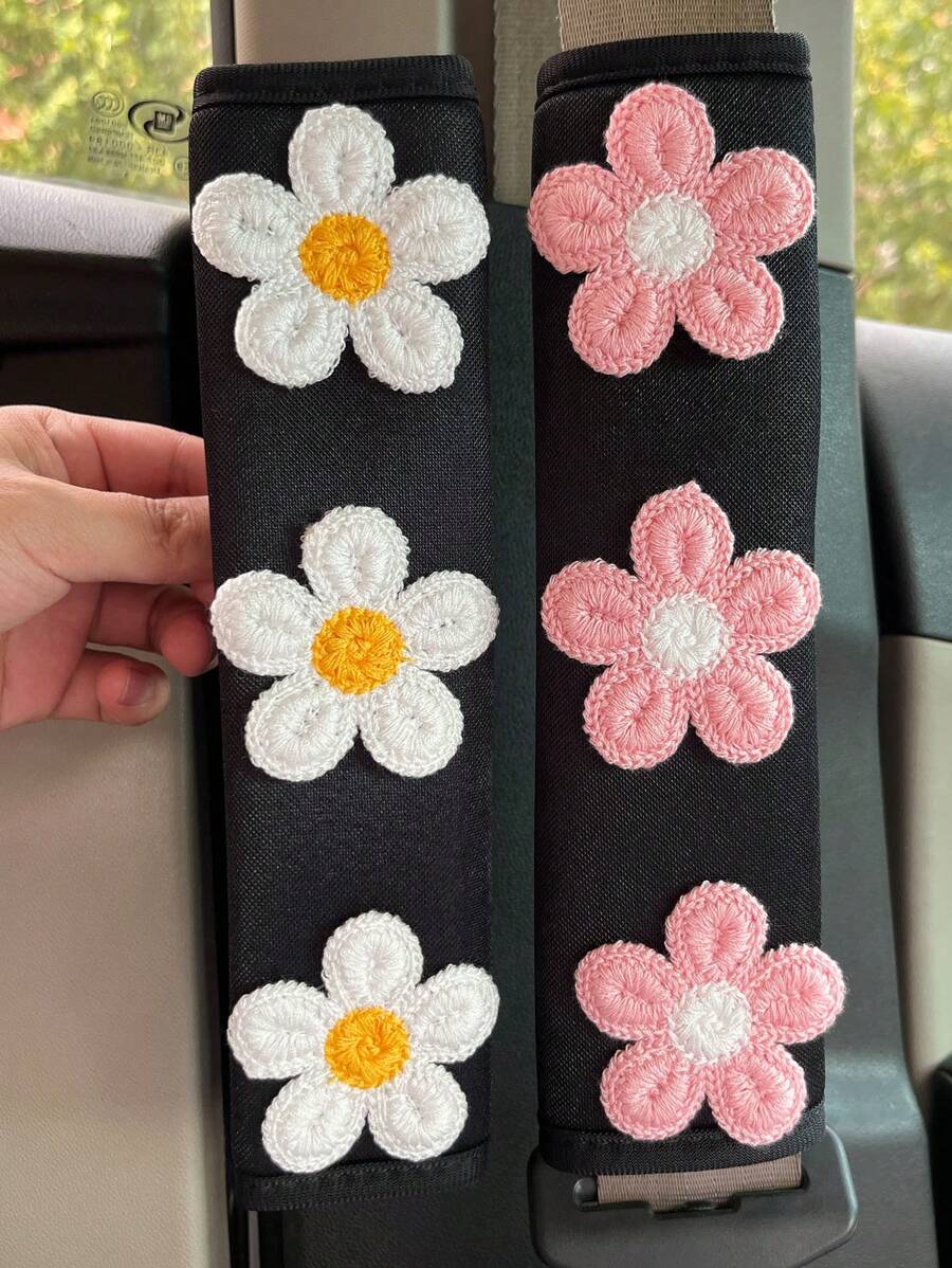 1pc Ice Silk Pink Floral Car Seat Belt Covers