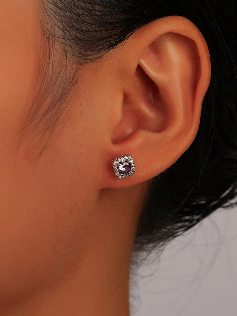 1 对简约闪亮时尚 925 纯银镀白金方形耳环，高品质可爱风格，适合日常佩戴、约会、聚会、购物、度假 - 紫色 - 查看 1