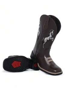 Black Horse Embroidered Cowboy Boot - Cà phê nâu - Xem 2