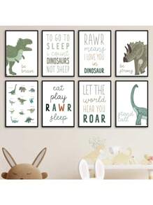 1pc Boy Room Wall Art Print Cartoon Dinosaur Roar Quotes Nursery Canvas Painting Nordic Poster Wall Pictures Kids Room School Decor No Frame - Multicolor - View 1