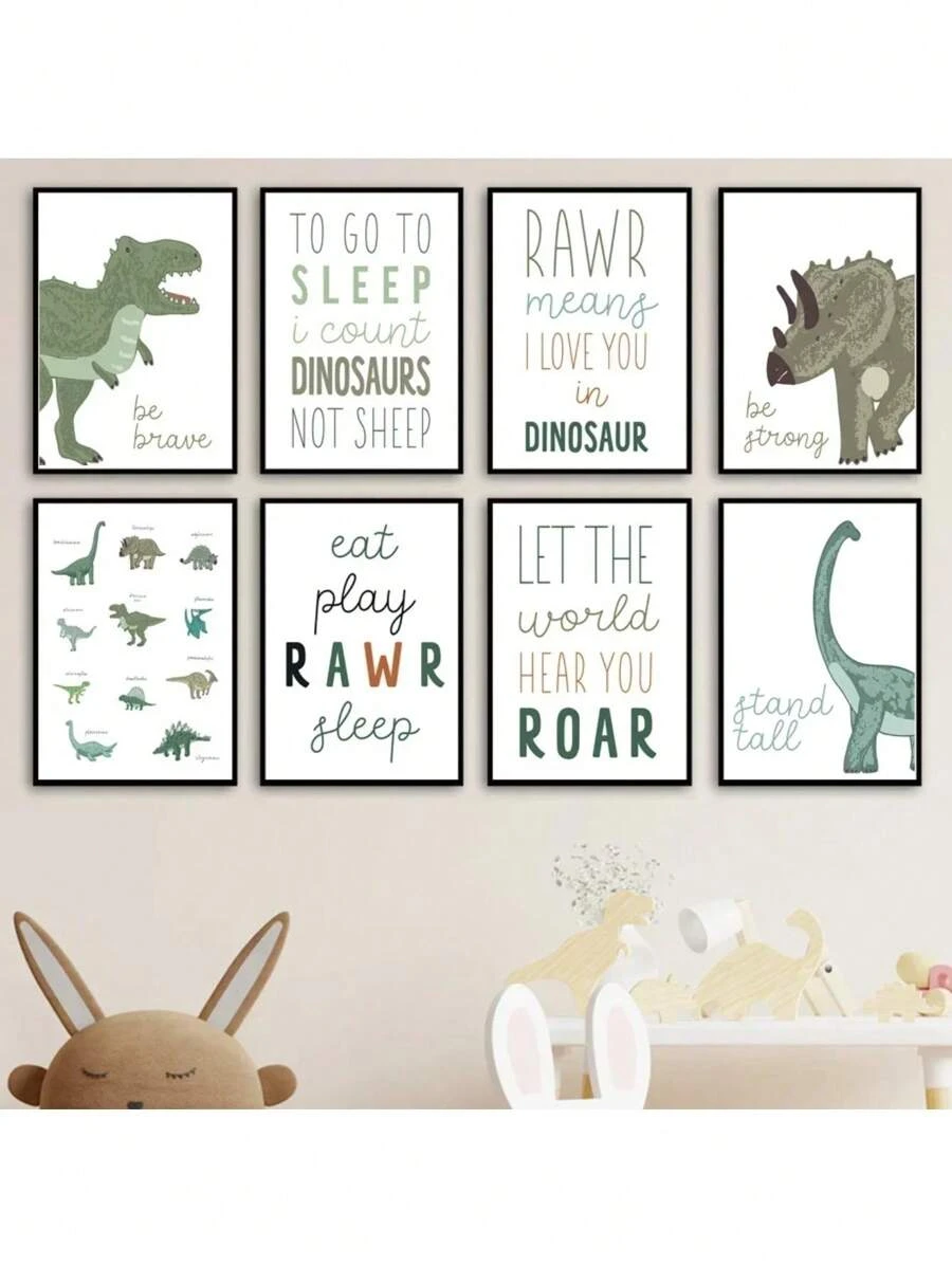 1pc Boy Room Wall Art Print Cartoon Dinosaur Roar Quotes Nursery Canvas Painting Nordic Poster Wall Pictures Kids Room School Decor No Frame - Multicolor - View 1
