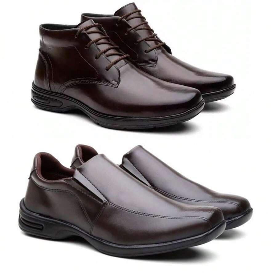 Kit 2 Pairs Of Men's Orthopedic Boots In Imported Leather Confort + Men's Dress Shoes With Special Sole, Super Comfortable, Ready For Delivery - 咖啡館/咖啡館 - 查看 1