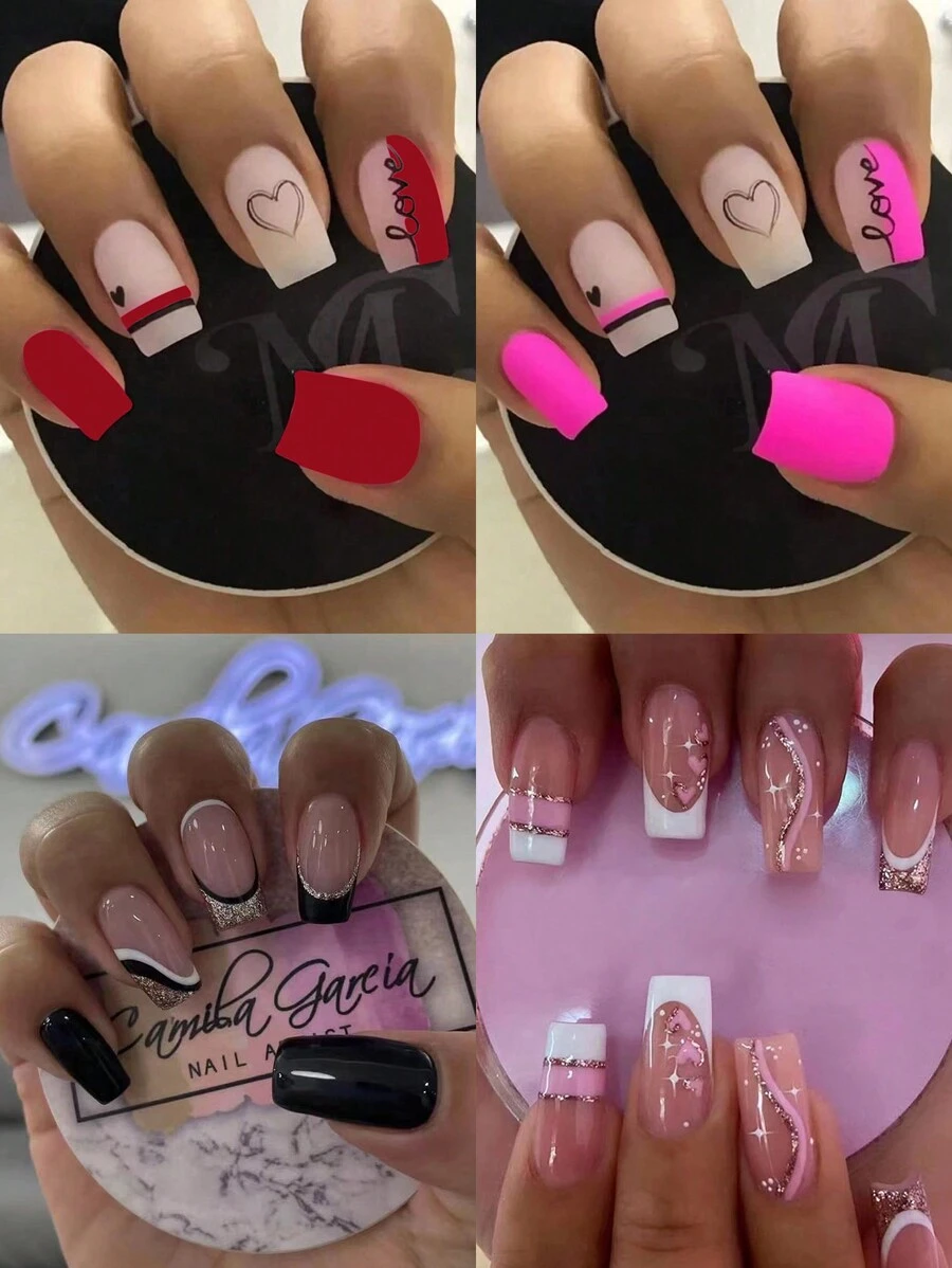 96 chiếc/4 kiểu Nâng tầm phong cách của bạn với móng tay giả hình vuông ngắn màu hồng và đỏ kiểu Pháp, đường kẻ vàng và hồng, thiết kế móng tay tình yêu & 4 giũa móng & 4 bộ keo dán móng tay, quà tặng cho mẹ và phụ nữ, đồ dùng làm móng & bán buôn, bộ nghệ thuật làm móng làm trắng với móng tay giả có thể tháo rời cho lễ hội, tiệc tùng, hẹn hò và mặc hàng ngày - Nhiều màu - Xem 1