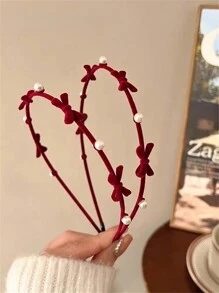1 Băng đô cài tóc Giáng sinh bằng nhung trơn màu và hợp kim đính nơ và ngọc trai giả thanh lịch cho nữ, dùng khi đi học/tiệc tùng/hàng ngày - Màu Đỏ Sâu - Xem 5