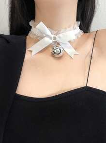 1 件甜美性感白色蕾丝蝴蝶结铃铛吊坠项链 - 白色 - 查看 2