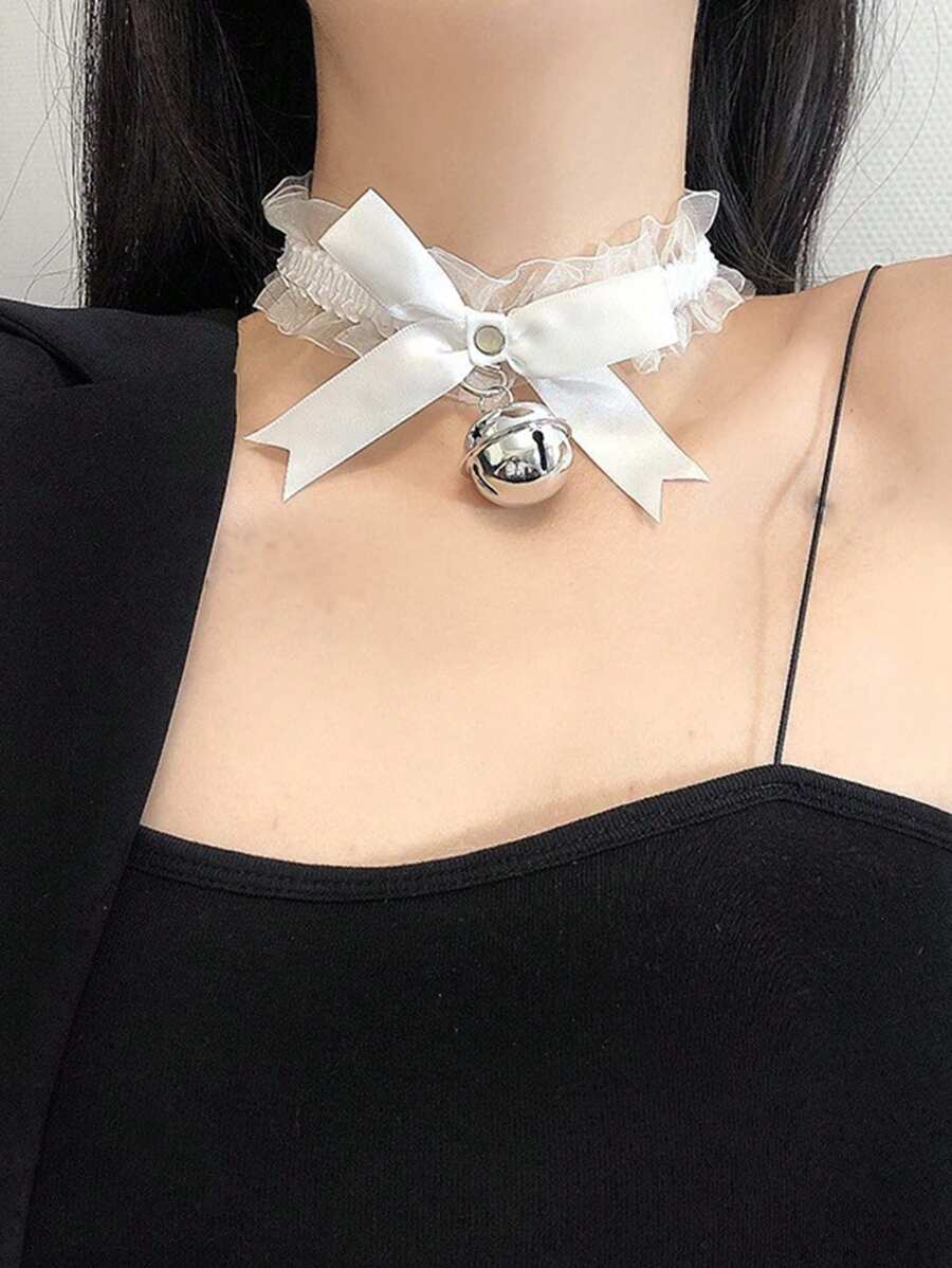 1 件甜美性感白色蕾丝蝴蝶结铃铛吊坠项链