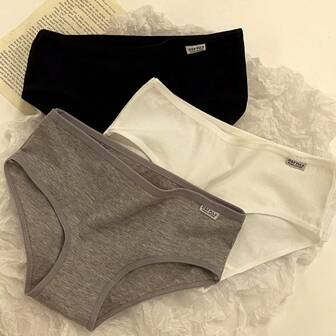 3pcs Teen Girls Solid Color Letter Print Basic Comfortable Breathable Sports Triangle Panties