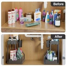 1pc/2pcs 2 Tier Black/WhiteUnder Sink Storage Organizer Sliding Drawer Multi-Purpose Rack Cabinet Under Sink Storage Rack Bathroom Kitchen Organizer.