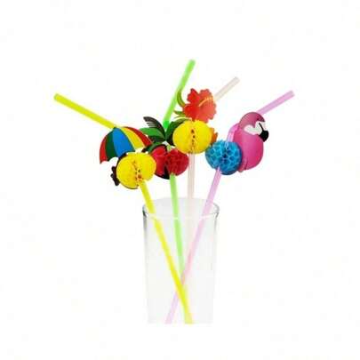 Kit 20 Canudo Colorido Com Frutas para Drinks Canudos Drink Flexível Guarda Chuva Festas Tropical Flamingo Canudos Mini Sombrinha