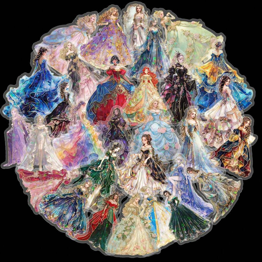 30pcs Transparent Holographic Princess Dress Stickers, Flare Skirt Girl Series Stickers, Christmas Glitter Laser Decoration Graffiti Stickers For Party Dress Up