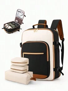 Mochila de viaje para mujeres, mochila de mano de 50L aprobada para vuelo, bolsa de viaje de artículo personal aprobada por TSA que se ajusta a portátiles de 18 pulgadas, bolso de fin de semana/noche con bolsa de aseo y organizadora, blanco y marrón claro - Multicolor - Ver 11