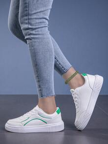 女士新款时尚透气休闲鞋厚底百搭潮流平底舒适软底防滑除臭耐磨运动跑步鞋 - 白綠色 - 查看 5