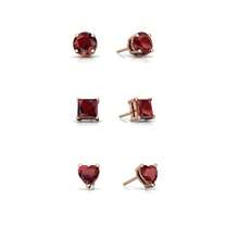 Paris Jewelry 18k Rose Gold Plated 4Cttw Created Garnet 3 Pair Round Square And Heart Stud Earrings - 彩色 - 查看 1