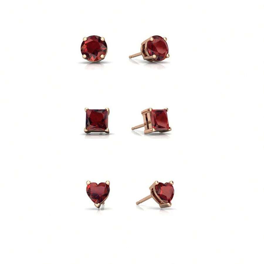 Paris Jewelry 18k Rose Gold Plated 4Cttw Created Garnet 3 Pair Round Square And Heart Stud Earrings - 彩色 - 查看 1