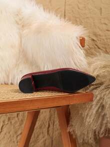 女士柔软绒面粗跟尖头平底鞋，加大码 44-45，小码 32-34，黑色、米色、鲑鱼粉色，舒适时尚的工作鞋 - 酒紅色 - 查看 7