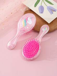 1 件装可爱粉色椭圆形卡通独角兽图案透明发刷，带星形闪光，便携式头皮按摩梳，适合家庭和旅行使用 - 粉色 - 查看 5