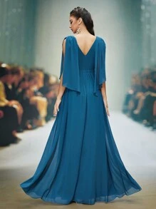 V-Neck Pearl Chiffon Flared Short Sleeve High-End Evening Dress,Bridesmaid Dress - Green - View 2