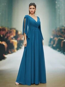 V-Neck Pearl Chiffon Flared Short Sleeve High-End Evening Dress,Bridesmaid Dress - Green - View 3