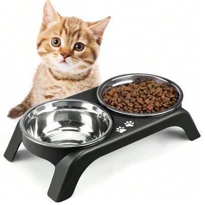 Conjunto de tigelas elevadas ergonômicas para gatos com base antiderrapante - Tigelas duplas de aço inoxidável para comida e água, fácil de limpar, evita vômitos, ideal para gatos e cães pequenos de interior, preto, cinza