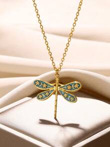1 Stück Halskette für Frauen in Goldfarbe aus Edelstahl mit Libellen Anhänger, Choker, modischer Vintage Insekten Schmuckzubehör als Geschenk