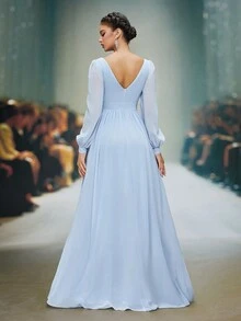 Elegant V-Neck Lantern Sleeve Faux Pearl Chiffon Maxi Bridesmaid Dress With Long Sleeves, Wedding Event Dress - Baby Blue - View 2