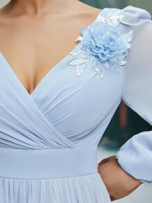 Elegant V-Neck Lantern Sleeve Faux Pearl Chiffon Maxi Bridesmaid Dress With Long Sleeves, Wedding Event Dress - Baby Blue - View 1