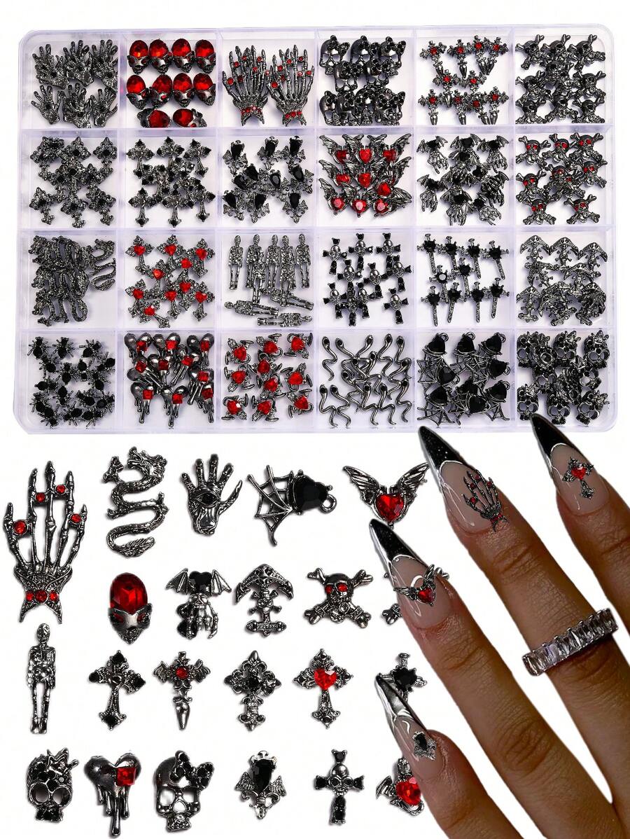 240Pcs/Box New Halloween Nail Jewelry Decor Alloy Set, Skull, Spider, Bat Design Nail Supplies Nails Nail Charms Nail Gems