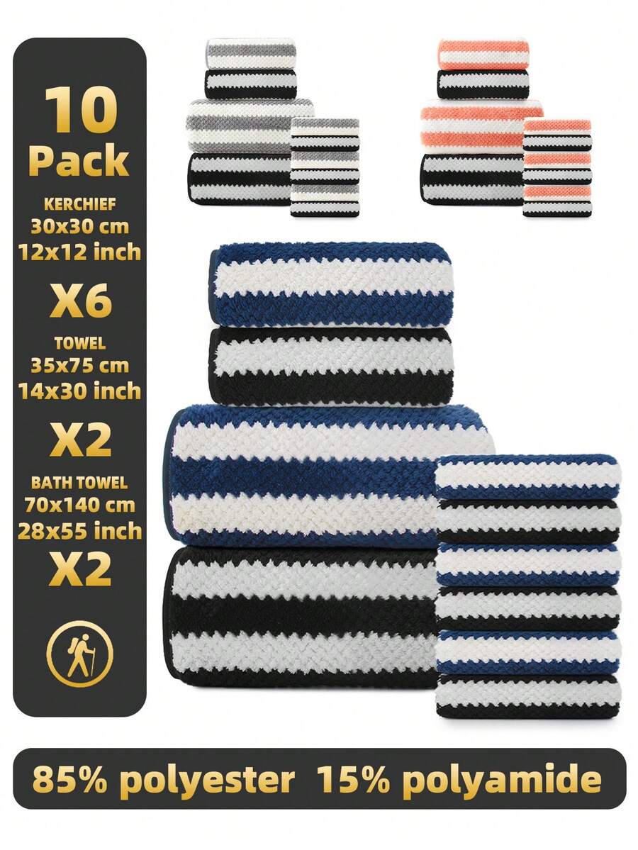 10 件/套 [6 条面巾 + 2 条毛巾 + 2 条浴巾]，珊瑚绒宽条纹菠萝图案毛巾沐浴套装，柔软舒适，快干，适用于沐浴、洗脸、健身、游泳和其他浴室用途
