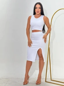 Women's Cropped Set Sleeveless Tank Top And Skirt Side Slit Irregular Skirt - 白色 - 查看 3