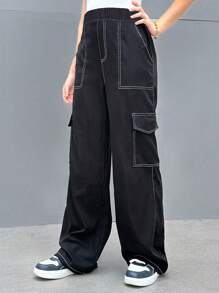 1件女孩青少年復古休閒前衛極簡風工裝長褲 春夏秋冬 - 黑色 - 查看 4